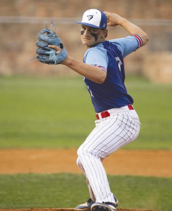 Guthrie’s Maddox Vaughn delivers a pitch against Santa Fe South during the March 30 matchup, bringing the heat from the mound as the Bluejays battled on the road. Photo by Brent Fuchs