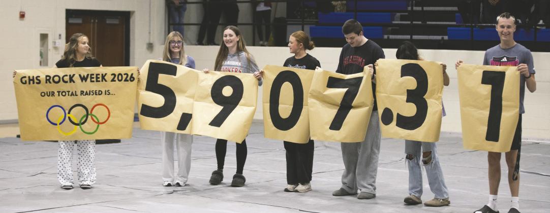 Guthrie High School students present a $5,907.31 donation to Camp Twin Cedars following this year’s Rock Week fundraiser. Photo by Brent Fuchs