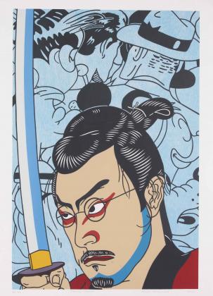Roger Shimomura (American, b. 1939), Kansas Samurai, 2004, lithograph, 38 ¾ x 25 ¾ inches, Gift of the artist, 10-0016.