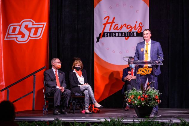 Oklahoma Gov. Kevin Stitt delivers remarks during a celebration for outgoing OSU President Burns Hargis and his wife Ann, Friday, April 23, 2021 in Stillwater, OK. (Photo by Gary Lawson/OSU Brand Management)