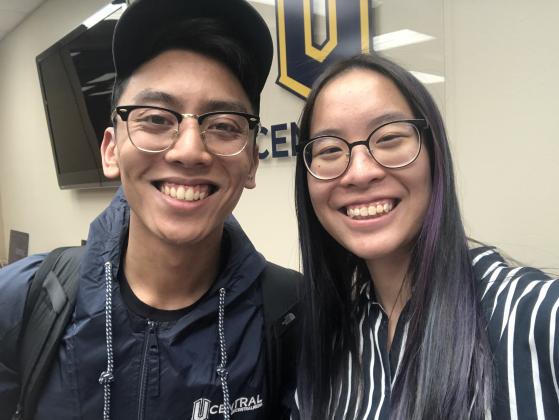 Two University of Central Oklahoma students celebrated success at the Broadcast Education Association’s (BEA) annual Festival of Media Arts competition. BEA awarded Central’s UCentral News second place in the TV newscast category, specifically naming Kyle Tangco, a senior professional media major from Edmond, Oklahoma, and Amanda Siew, a professional media major from Petaling Jaya, Malaysia, for their work as producer and director of the honored newscast. Pictured left to right, Tangco and Siew prior to the