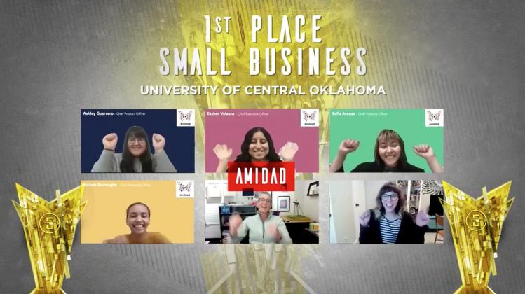 Pictured top to bottom, left to right, Amidad team members include Ashley Guerrero, a junior graphic design major from Piedmont, Oklahoma; Esther Velasco, a senior graphic design major from Oklahoma City; Sofia Arenas, a senior graphic design major from Oklahoma City; Nichole Burroughs, a graphic design major from Edmond, Oklahoma; Amy Johnson, M.F.A., director of the UCO School of Design and team adviser; and, McKenna Sanderson, M.F.A., assistant professor of design at Central and team adviser.