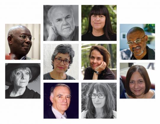 Left column (top to bottom): Boris Boubacar Diop, Ludmilla Petrushevskaya; Middle left column: Michális Ganás, Cristina Rivera Garza, Jean-Pierre Balpe;  Middle right column: Natalie Diaz, Naomi Shihab Nye, Micheline Aharonian Marcom;  Right column: Kwame Dawes, Reina María Rodríguez.