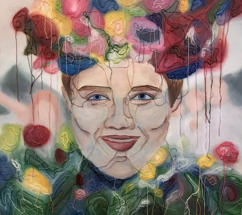 Claire Dabney (Stillwater, OK), Midsommar’s Psychosis, 36” x 38”, oil paint and embroidery floss, 2021