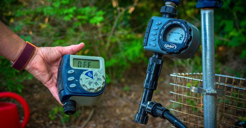 A simple irrigation system on a timer will help ensure the landscape survives while you’re on vacation. (Photo by Todd Johnson, OSU Agricultural Communications Services)