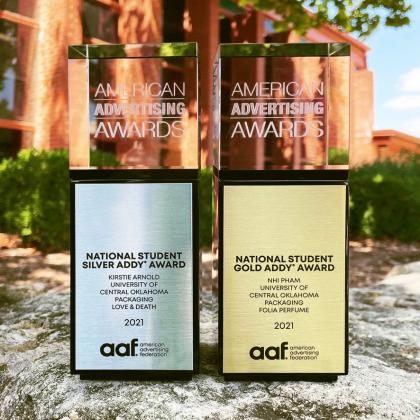 The University of Central Oklahoma’s School of Design capped off an impressive year with two awards at the 2021 National American Advertising Awards (ADDYs). Recent UCO design graduate Nhi Pham took home a gold ADDY for packaging for “Folia” Perfume, and Kirstie Arnold won a silver ADDY in the same category for “Love &amp; Death.”