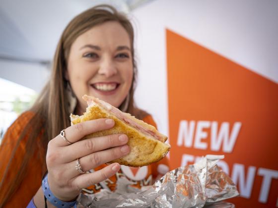 The New Frontiers Tailgate featured items from the Dairy Bar menu. The Croque Monsier sandwich is ham, swiss, parmesan and bechamel on sourdough bread. (Photo by Todd Johnson, OSU Agricultural Communications Services)