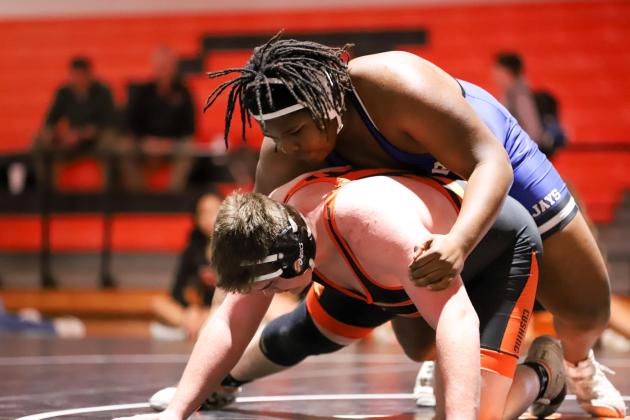 Guthrie's Sir William Morgan wrestles against Cushing on Tuesday, Jan. 28. Courtesy of Nicole Hall, Guthrie Wrestling (Facebook).