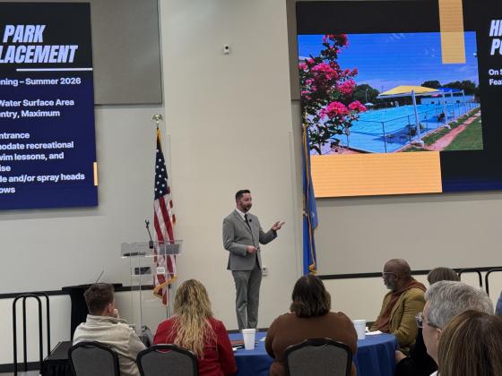Guthrie City Manager Eddie Faulkner speaks at the State of the City luncheon on Tuesday. Taken by George McCormick.