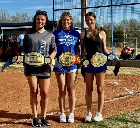 Left to right: Haley Gallo, Kinley Duehning and Ryn McCormick of Guthrie softball awarded PNTV All-State belts. Courtesy of Guthrie Lady Jays Softball Booster (Facebook).