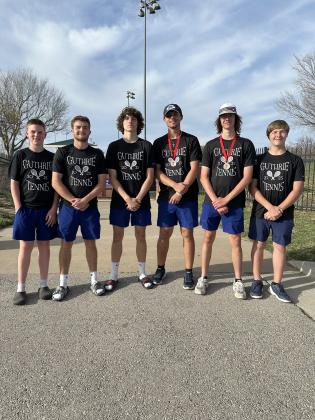 Left to right: Guthrie's Jaxson Mayer, Carson Olmsted, Jack Arballo, Isaiah Dearman, Broderric Hansen and Ryan Mostrom at the Ducan West Tournament in OKC, Monday, March 24. Courtesy of Mary Hudson.