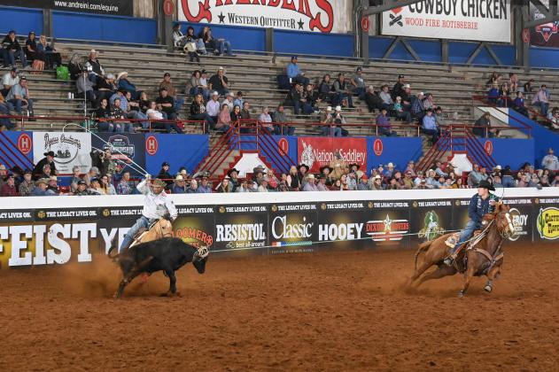 Kaleb Driggers and Junior Nogueira roped six steers in 41.48 seconds, which is the fastest time since the BFI moved to the Lazy E Arena and second fastest ever. Photo Submitted