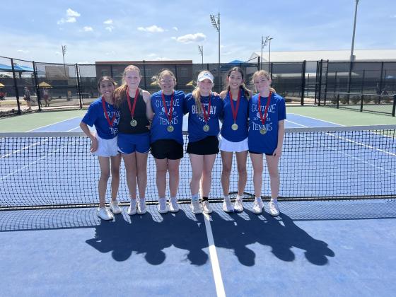 Guthrie junior high girls' tennis team Laina Woodward, Savannah Schlueter, Lillie Benton, Teagan Duehning, Natalia Acosta and Taylor Shipley. Courtesy of Mary Hudson.