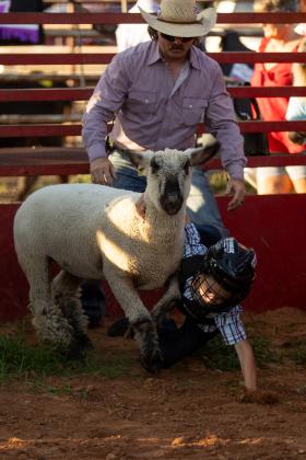 Six-year-old Elijah Williams of Cashion competes in the mutton busting event during the Guthrie Youth Rodeo on Saturday at the Logan County Fairgrounds.