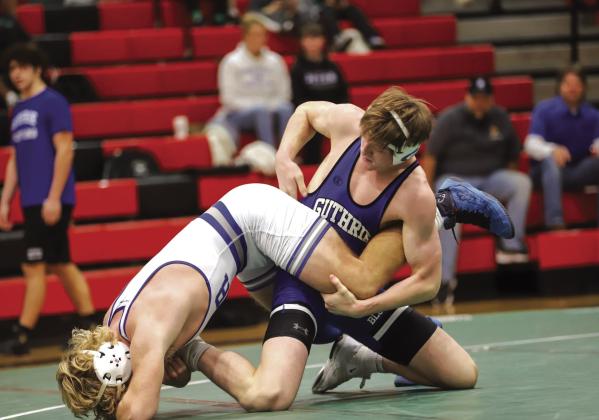 Guthrie's Clayton Carey competes against Sapulpa at the 2025 5A-5 District Duals on Tuesday, Jan. 21. Photo courtesy of Nicole Hall, Guthrie Wrestling (Facebook).