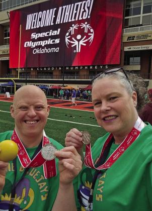 Team Guthrie members, from left: Erin Henke and Jennifer Dillard (unified partner) played Unified Bocce and finished second. Photo submitted by Laura Benham.