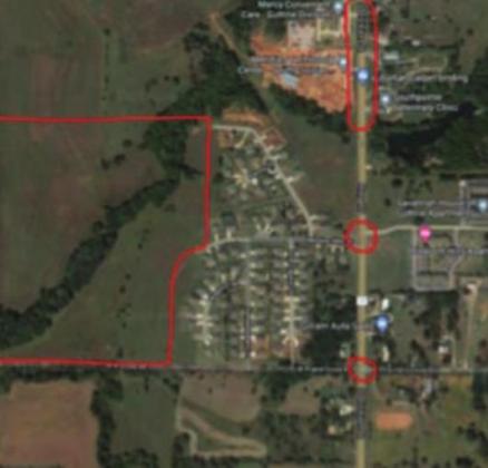 South Division Corridor image. Large red area to the left indicated where the new housing subdivision of Mission Hills will go. (Image courtesy of presentation prepared by Chief Harlow)