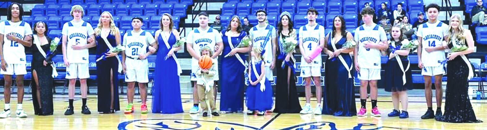 The Coyle Homecoming Court: (L-R) Jace Lemons, Arianna Vasquez, Brennan Robinson, Ashlee Kelley, Joaquin Amaro, 2023 Basketball Homecoming Queen Ryleigh Long, Xavier Amaro, Roman Walls, Lilly Ritter, 2024 Homecoming King Alex Jennings, Olivia Ferrell, 2024 Homecoming Queen Gracie Balsiger, Wyatt Suchan, Lindsay Ray, Xavier Noble, Kasey Reece, Terrance Dumas and Ashlee Dumas. Photo by Wray Larman.