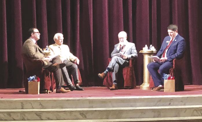 The Masonic Temple Thursday was the site of a fireside chat with former Oklahoma Governors George Nigh, and Gov. Brad Henry. Pictured left to right is; Michael Williams, moderator, and Curator at the Oklahoma Territorial Museum, Gov. Nigh; Gov. Henry, and Trait Thompson, moderator, and Executive Director of the Oklahoma Historical Society.