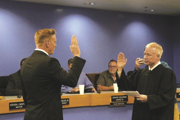 New Guthrie Mayor Adam Ropp is sworn in.