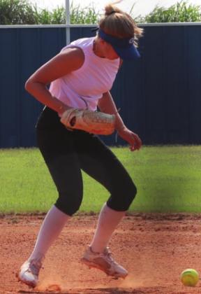 Guthrie Freshman Kenley Duehning during first base drills on Monday