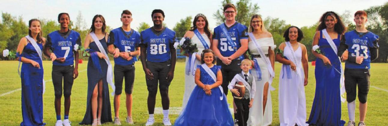 Pictured above is the 2021 Coyle High School Homecoming Royalty: Back Row: Kaley Matheson, Jace Lemons, Gracie Balsiger, Wyatt Suchan, Kris Boynton, Queen Courtney Bass, King Brandon Banwart, Genevieve Suchan, Alisa Thomas, Naliyah McLauriin, Damien Lamb-King. Front Row: Beckham Cooper, Charles Sayre