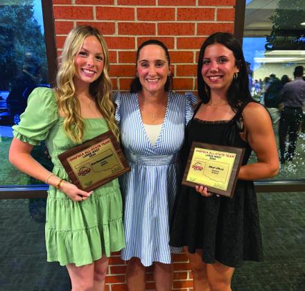 Left to right: senior Ava Hebensperger, head coach Kara Tarrant and senior Haley Gallo. Courtesy of Guthrie Lady Jays Softball Booster (Facebook).