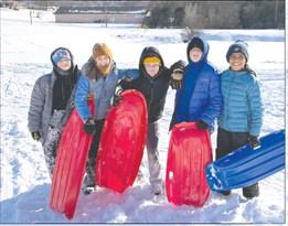 Boys and their sleds: Knox Abbott, Corbin Phillios, Henry Cotton, Asher Abbott, and Braysen Claud spent their snow day racing down the hills at Guthrie Upper Elementary School. Photo submitted by Sarah Phillips