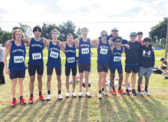 Guthrie runners who competed at the Clay Tarter Invitational, left to right. Josiah Dement, Brooks Terry, Wyatt Watson, Kallon Cyphers, Corbin Madison, Isaac Talley, Aiden Foster, Easton Smedley, Isac Winslow. Back row, right to left: Maddox McFarlane, Izaiah Galloway. Submitted photo.