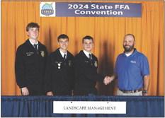 Zachary Allen (second from left) of the Guthrie FFA Chapter captured first-place honors in the 2024 Oklahoma FFA Landscape Management State Proficiency Award area. Scott Bailey (right), of Georgia Pacific congratulates Allen, as well as AJ Bryant (second from right) of the Byng FFA Chapter and Christopher Dunaway of the Jenks FFA Chapter. The award is sponsored on the state level by Blue Mountain Equipment &amp;amp; STIHL. Georgia Pacific provides a $1,000 state winner scholarship.