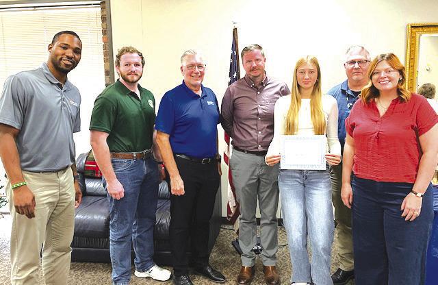 Jay-Len Roberts, Bizzell Group, Marlon Danner with Stephanie Bice’s office, Scott Coppenbarger and Adam Deem with AirMedCare Service, Rotary Student, Lily Rechlin, Rotarian Terry Moore and Rotary President, Coy McPeek.