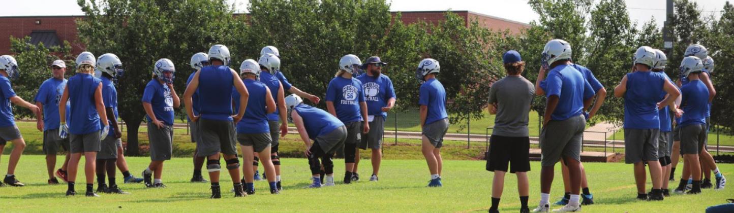 The Guthrie High School football teams opened practice on Monday morning to get ready for the 2021 season. Practice is in shorts and helmets for the first four days as the teams are practicing twice a day. The shoulder pads go on this Friday morning. The Bluejays will host a scrimmage with Bishop Kelly and Lawton on Friday night Aug. 20 with the freshman starting at 6 p.m. There were 59 kids out for the first varsity practice and approximately 25 freshmen for the ninth grade team.