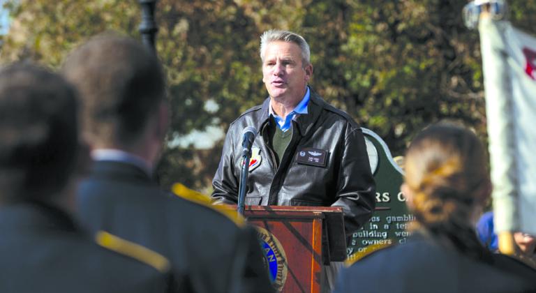 Dave Evans, a U.S. Air Force veteran, addresses the crowd during the Veterans Day ceremony in Guthrie, Oklahoma, on Nov. 11, 2025.