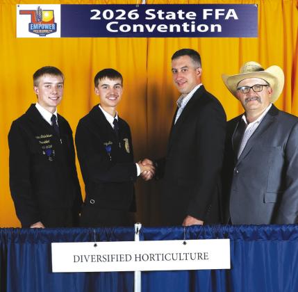 Zachary Allen (second from left) of the Guthrie FFA Chapter captured first-place honors in the 2026 Oklahoma FFA Diversified Horticulture State Proficiency Award area. Galen Glover (second from right) and Logan Junghanns (right), Energy Transfer operations manager. Photo courtesy Oklahoma FFA Association.