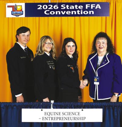 Kynseth Zubrod (second from left) of the Guthrie FFA Chapter earned first-place honors in the 2026 Oklahoma FFA Equine Science Entrepreneurship Proficiency Award area. Suzanne Gilbert (right) of the Oklahoma FFA Foundation, congratulates Zubrod as well as Bryce Spurlock (left) of the Inola FFA Chapter, who placed second, and Taylor Rickman (second from right) of the Adair FFA Chapter, who placed third. Photo courtesy Oklahoma FFA Association.