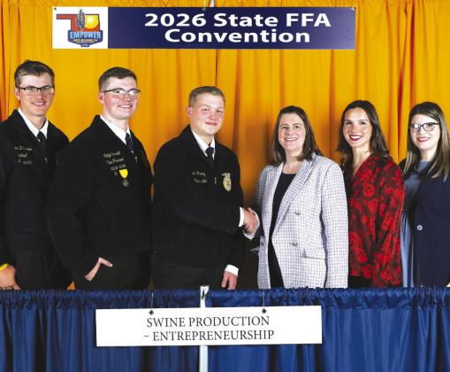 Ridge Garrett (second from left) of the Guthrie FFA Chapter captured first-place honors in the 2026 Oklahoma FFA Swine Production Entrepreneurship Proficiency Award area. Ashton Mese Johnston (third from right), Maysen Garrett and Matti Carlile, Oklahoma Pork Council staff members, congratulate Garrett as well as Grant Gosney (third from left) of the Aline-Cleo FFA Chapter, who placed second and Landon Chartier of the Mulhall-Orlando FFA Chapter, who placed third. Photo courtesy Oklahoma FFA Association.
