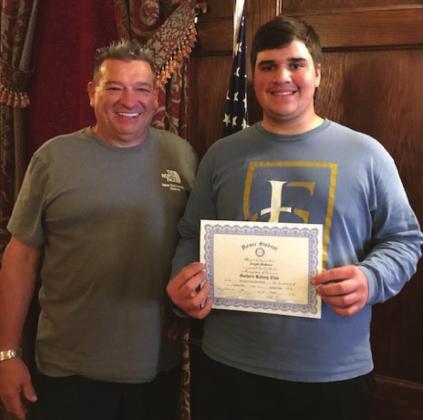 The Guthrie Rotary Club Student of the Week is Joseph Mathews. He is the son of Jeff and Kerri Mathews. Joseph is active in Bluejay football, track and will play tennis this year. He is also in National Honor Society, Academic Team and Student Council. After graduation, Joseph wants to attend either OU or OSU for education or sports medicine. In the future, he would like to teach and coach football. Pictured with Joseph is Rotarian, Billy Clark.