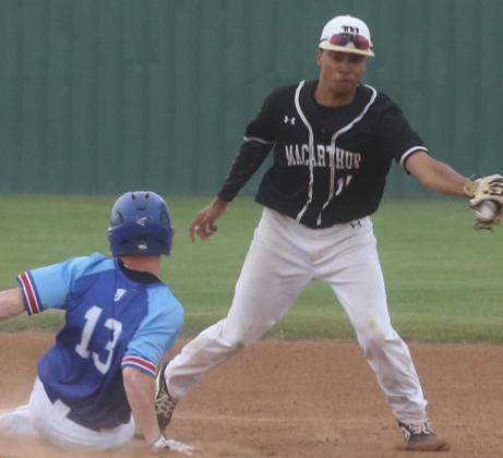 Jackson Walters sliding into second base under the tag