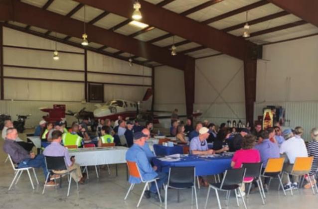 Group meeting in hangar before flights