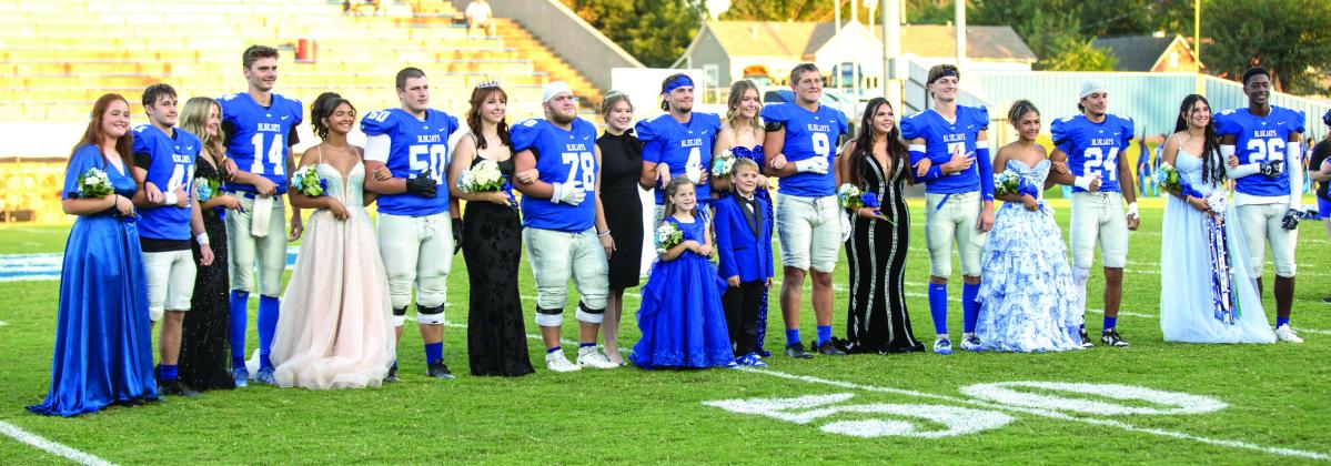 Guthrie 2025 Homecoming Court: Pictured L-R - Rion Russell, Collin Walters, Megan Mefferd, Daelon Rice, Tinaya Brown, Yogi Creed, 2025 Queen Brooklyn Schmidt, Cooper Walters, 2024 Queen Mollie Throckmorton, Jace Rainwater, Abby LeGrande, Kellen Hirzel, Ella Tontz, Maddox Vaughan, Jaidence Foster, Clayton Carpenter, Kenia Ayala, Gabe Jackson. Flower Girl - Emerson White, Crown Bearer - Jack Rainwater.  Photo by Brent Fuchs