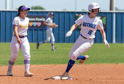 Guthrie's Ava Hebensperger rounds second base during the team's district win over Bristow, Tuesday, April 22. Photo by Brent Fuchs.
