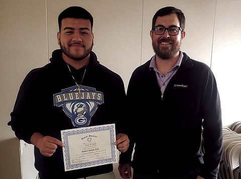 The Guthrie Rotary Club Student of the Week is Raul Ocampo. His parents are Ana Salas Ocampo and Raul Ocampo. Raul is active with Bluejay football, Captain of the soccer team and President of the Spanish Club. After graduation, Raul plans to attend a trade school and be a diesel mechanic. Pictured with Raul is Rotarian, Tyler Calvert.