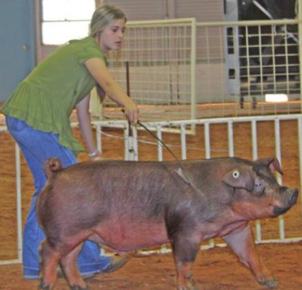 Guthrie’s Claire Hoel shows off her Duroc pig Saturday that would go on to win Grand Champion for the Market Barrows catagory