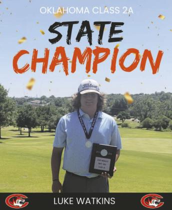 Crescent junior Luke Watkins celebrates Tuesday after winning the Class 2A individual state golf championship with a 219 overall score. Photo courtesy of Crescent Golf.