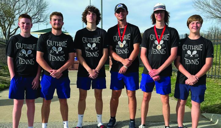 L-R: Jaxson Mayer and Carson Olmsted placed 4th at 1 doubles, Jack Arballo played 1 singles, Isaiah Dearman and Broderric Hansen placed 5th at 2 doubles and Ryan Mostrom played 2 singles during the Duncan West Tournament. Submitted photo