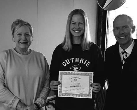 The Guthrie Rotary Club Student of the Week is Annabella Aitken. She is the daughter of Brandon and Jolene Aitken. Bella is active in National Honor Society and FFA. She played basketball for 3 years. Bella is the FFA Vice-President and participates in Public Speaking, placing 1st &amp;amp; 2nd in AFR State, and shows Pigs. After graduation, Bella plans attend OSU and will pursue a degree in biology or agricultural communications. Pictured with Bella is Rotarian Linda Miller and GHS Principal Chris LeGrande.