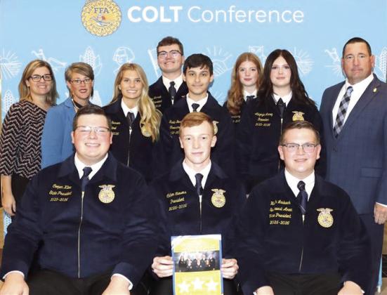 Front Row, L-R: Cooper Kline of North Rock Creek, state president. Sitting in the front row at far right is Heath Laubach of Mooreland, northwest area vice president.
