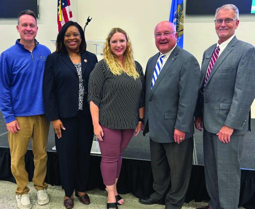 ChrisEvans, Guthrie Chamber Board Member, Dr. Ruth Jackson, President of Langston University, Brittany Timmons, CEO of Guthrie Chamber of Commerce, Dr. Mike Simpson, Superintendent of Guthrie Public Schools, and Dr. Doug Major, Superintendent of Meridian Technology Center at the annual State of the Schools Luncheon at Meridian Technology Center South Campus. This annual luncheon is sponsored by the Guthrie Chamber of Commerce.