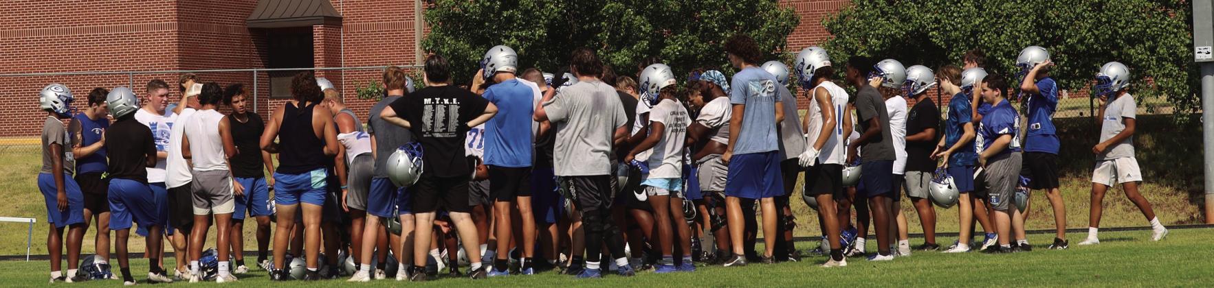The Guthrie High School Bluejays got to hold their first practice of the 2024 season on August 12. The team will go four days in shorts and helmets before putting all the gear on this Friday. The team travels to Elgin next weekend for their only scrimmage and start the season on August 29 with Tuttle at Jelsma Stadium. Photos by Mike Monahan. GHS FB end of first practice of season.