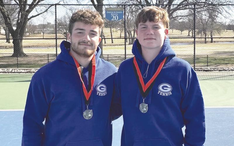 Guthrie High School Varsity Boys and Girls participated in the BT Washington Tennis tournament, where everyone delivered impressive performances, Carson Olmsted and Jaxson Mayer, secured a medal by placing 2nd against Cascia Hall with a score of 4-6, 5-7. Photo courtesy of Guthrie Tennis Facebook Page